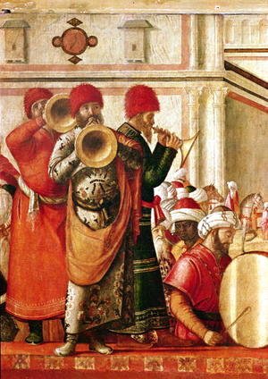 Vittore Carpaccio - St. George Baptising the Gentiles (detail of musicians on the left hand side) 1501-07