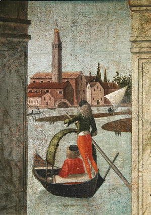Vittore Carpaccio - The Arrival of the English Ambassadors, from the St. Ursula Cycle, detail of a gondola, 1490-96
