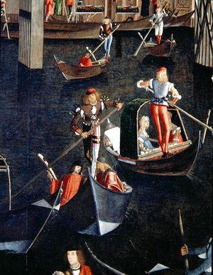 Gondoliers on the Grand Canal, detail from The Miracle of the Relic of the True Cross on the Rialto Bridge, 1494