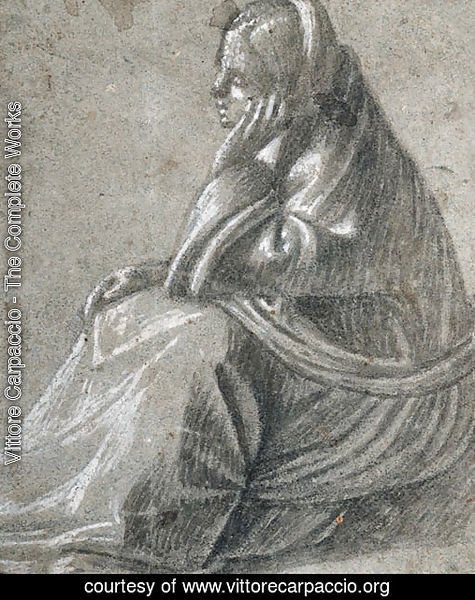 A seated woman in profile to the left, her hand supporting her head