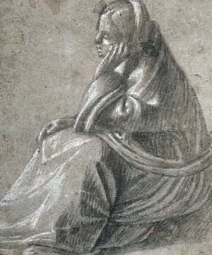 A seated woman in profile to the left, her hand supporting her head