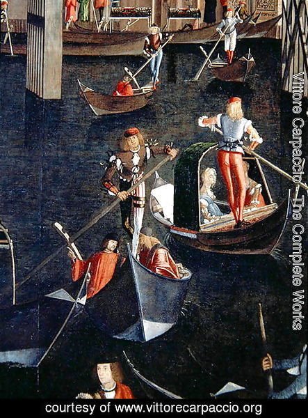 Vittore Carpaccio - Gondoliers on the Grand Canal, detail from The Miracle of the Relic of the True Cross on the Rialto Bridge, 1494