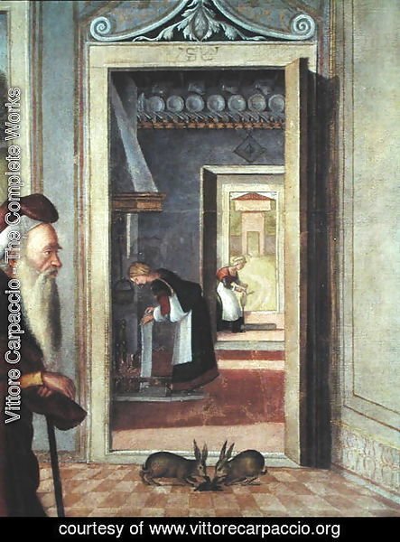 Vittore Carpaccio - The Birth of the Virgin, detail of servants in the background, 1504-08