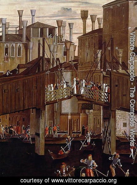 The Miracle of the Relic of the Holy Cross, detail of the old Rialto Bridge, from the Scuola di San Giovanni Evangelista, c.1494
