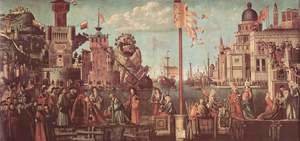 Vittore Carpaccio - Series of paintings to the legend of St. Ursula, scene of the encounter fiance and beginning of the pilgrimage