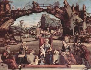 Vittore Carpaccio - Enthroned Virgin and John the Baptist, left St. Joseph and St. Anne, right, St. Elizabeth and St. Zacharias